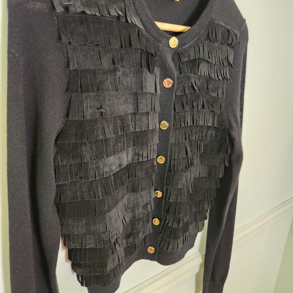 Tory Burch Cardigan Sweater XS Womens Black Merino Wool Leather Fringe Career - Picture 8 of 11